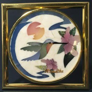 Pietra Dura Hummingbird with Flower and Sky, Inlaid Stone Mosalite from Brazil